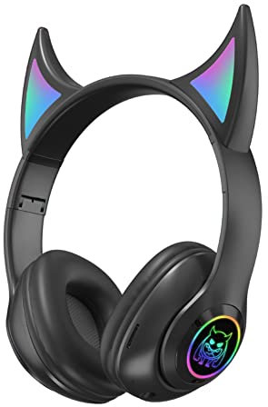 CHAW Kids Headphones, Devil Ear LED Light Up Headset with Mic, Wireless Foldable Bluetooth Stereo Over-Ear Kids Earphone for PC/Phone/Study/Travel