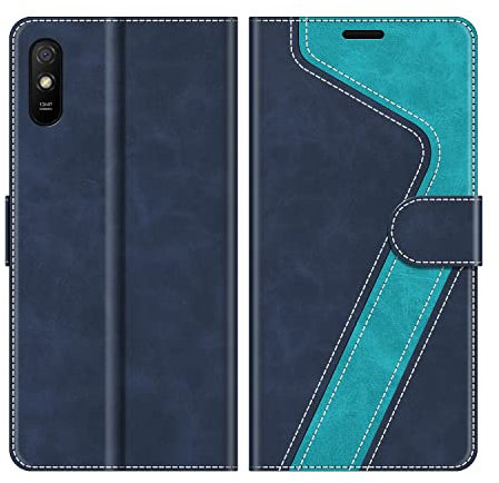 MOBESV Hülle für Xiaomi Redmi 9A Handyhülle, Lederhülle mit Kartenfach, Klapphülle mit Ständer, Flip Case Handytasche Schutzhülle, Modisch Blau