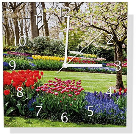 Wallario Design Wanduhr Bunte Blumen und Kirsch-Baum im Park blühen im Frühling aus Aluverbund, Alu-Uhr Größe 30 x 30 cm, weiße Zeiger mit Metalloptik
