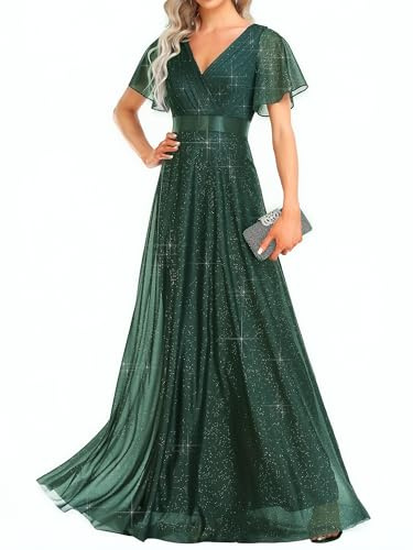 Ever-Pretty Damen Funkelnde Rüschen Ärmel Tiefer V-Ausschnitt Empire Taille A-Linie Brautjungfernkleid EE50159