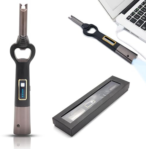 Bogenfeuerzeug mit 3-in-1-Funktion, Lichtbogen, Flaschenöffner und LED-Licht - USB-Ladefunktion mit mitgeliefertem Kabel - Berührungsempfindliche Taste + Sicherheitsschloss - 200 Verwendungen