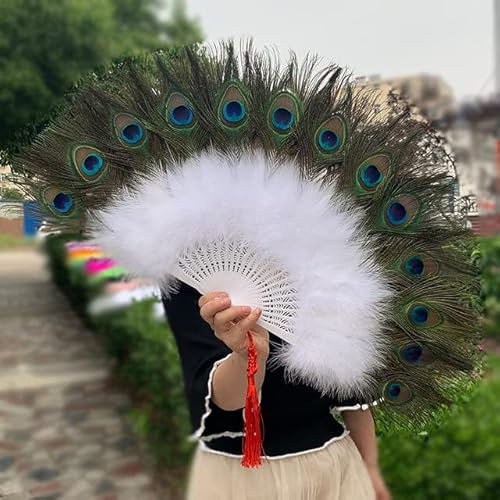 Large Peacock Feather Folding Fan Cheongsam Show Performance Feather Fan Dance Hand Fan Wedding Party Decoration-White