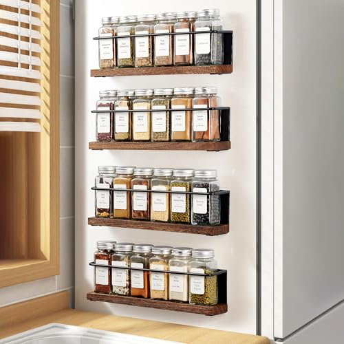KitHero Hölzernes Gewürzregal Magnetisch, Bambus Magnetregale für Kühlschrank Ohne Bohren Küchenorganisation Magnetisches Regal für Kühlschrank und Mikrowelle, Metall-Kühlschrankregal
