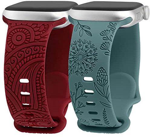 TOYOUTHS Floral Engraved Compatible with Apple Watch Straps 41mm 40mm 38mm 42mm, Soft Silicone Sport Strap Women Girls for iWatch Series 10/9/8/7/SE/6/5/4/3/2/1, Red/Green