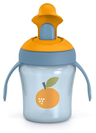 Suavinex, Tasse d'Apprentissage avec Bec Rigide. Tasse Bébé Anti - Fuite avec Couvercle Rabattable et des Poignées. Passe au Lave-Vaisselle. Trainer Cup, 200 ml, Orange, Couleur Bleu