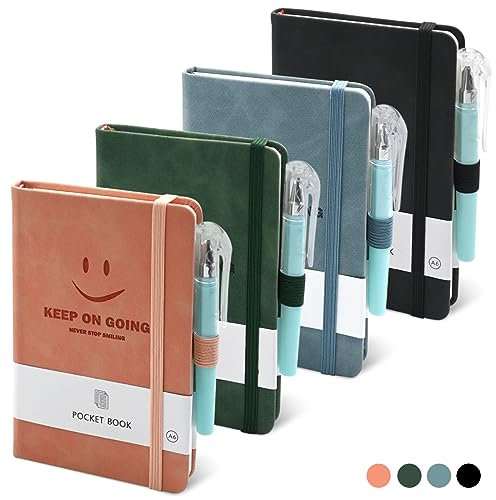 BieFuSin A6 Pocket Notebooks, 4PCS Hardcover Business Classic Riviste foderate con 4 penne nere per ufficio di lavoro Journaling, Classic Ruled Mini Notepad con Divisori e Portapenne, 9 X 14cm