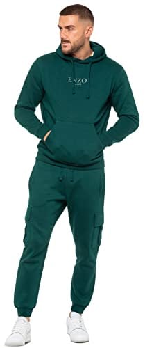 989Zé ENZO Mens Tracksuit Hooded Fleece Sweatshirt Overhead Hoodie Pullover Casual Fleece Cargo Combat Joggers Sweatpants Set EZHD600 & EZJGC599 GREEN XL