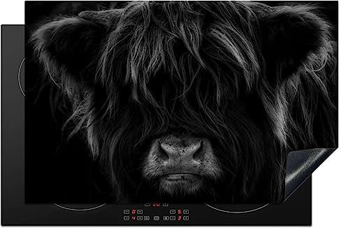 KitchenYeah© Induction Hob Protector Mat 20.5x31.5 / 80x52 cm Stove Cap Top Cover Kitchen Cooker Covers for Electric Hobs Vinyl Scottish Highlander - Cow - Black - White - Animals