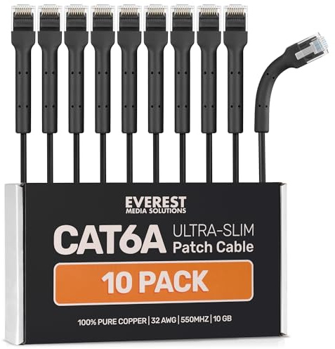 Everest Ultra Slim Cat6a Ethernet Patch Cables 0.5ft (10-Pack) Black - 6 Inch 10GB Cat 6a Patch Cable - Bendable, Flexible & Thin Ethernet Cable - 32AWG 550MHZ Cat6a Cables - 100% Copper Wires