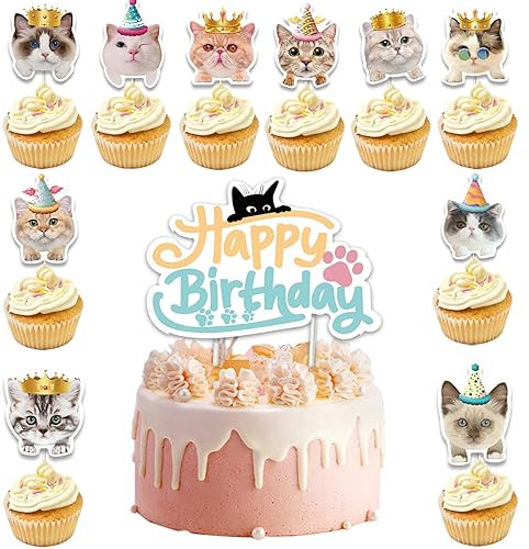 VIKY Katze Geburtstag Cupcake Topper,11 Stück Katzen Muffin Deko Geburtstag,Tortendeko Tiere,Taufe Tortendeko Junge & Mädchen,Cupcake Party Deko,Kuchen Dekoration Supplie für Kinder Pet Birthday Party