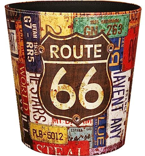 Bemvp Cubo de basura de cuero de estilo europeo cubo de basura con patrón de 66 rutas cesta de papel de desecho de gran capacidad cubo de basura decorativo Vintage