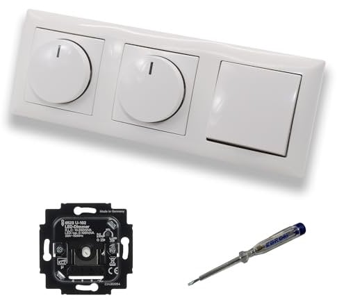 Busch Jäger 6523U-102 (2 x) LED Drehdimmer Dimmer + Dimmerscheiben 2115-914 und Lichttaster 2020 US in Balance Si alpinweiß glänzend inklusive EBROM Phasenprüfer zur Montage der Geräte 6523 U – 102