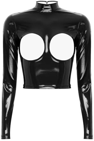 Aiihoo Damen Wetlook Crop Top Brustfrei Oberteil Langarm Unterhemd Weste Lack Leder Tanktop Shirt Gogo Clubwear Schwarz 4XL