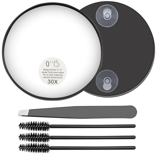 VEGCOO 30x Espejo de Aumento con Ventosa con Pinzas, con 3 Cepillos de Cejas en Espiral, Juego de Espejo Cosmético, Se Puede Llevar al Baño, Dormitorio