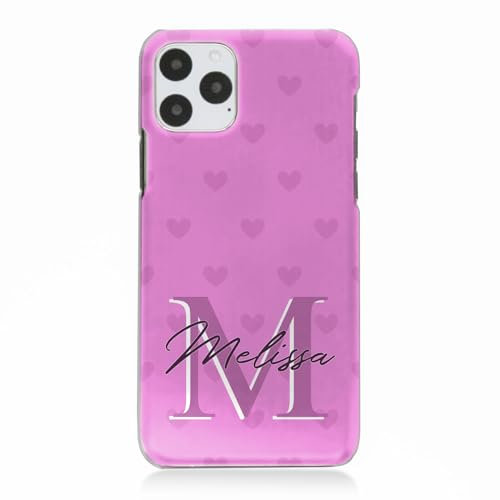 Hairyworm Personalised Phone Case for Apple iPhone 11, iPhone 12, iPhone 13 and iPhone 14 with Heart Pattern and Personalised Initial and Custom Name Cover in Hot Pink