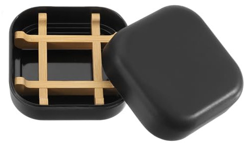 sourcing map Wooden Soap Holder, Detachable Self Draining Square Soap Dishes with Lid, Wooden Bamboo Soap Bar Tray for Shower (Double Pack Rounded Black)