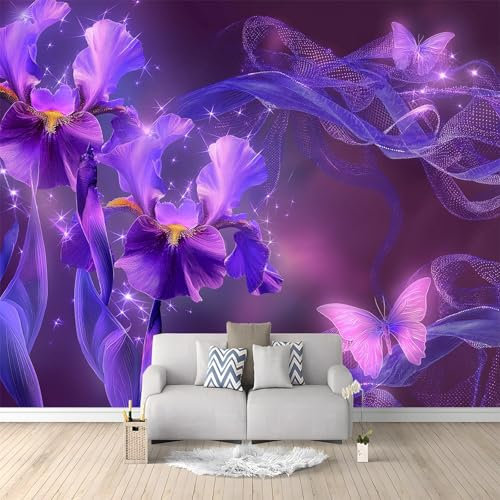 Papier Peint Intissé Iris Et Papillons Violets 3D Mural Fond D'Écran Tapisserie Murales Panoramique 3D Mur De Fond Tv Papier Peint Chambre Enfant Adulte Poster Murales 400x280 cm
