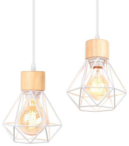 TOKIUS 2 Stücke Pendelleuchten Vintage Industrial 16CM Hängelampe Geometrischem Design E27 Lampe aus Holz Eisen Käfig Lampenschirm Weiß Hängeleuchte für Esstisch Küche (Pendellampe 1-flammig)