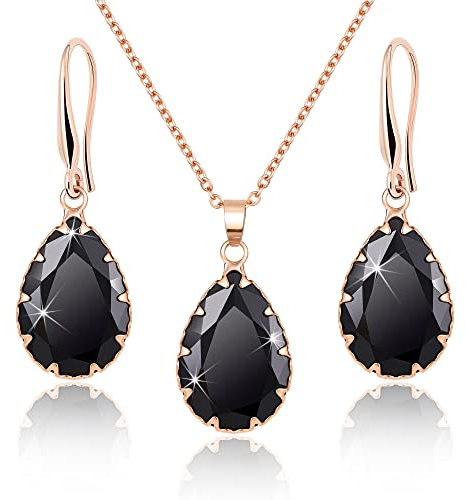 Linawe Schwarze Anhänger Kette Halskette Damen, Schmucksets Schmuck Set, Damenohrringe Ohrringe Set Rosegold Ohrringe Hängend, Modeschmuck Jewelry Set