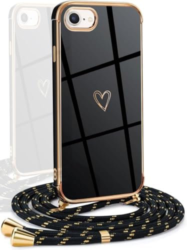 YAMCCCSE Funda para iPhone SE 2020/2022 con Cuerda, TPU Suave Silicona diseño de corazón con Chapado en Oro de Lujo, para Mujeres y niñas