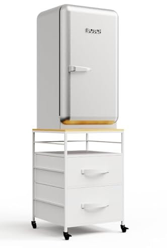 Mobile Mini Fridge Stand with Storage with Rolling Wheels Mini Fridge Table for Living Room Kitchen Bedroom Office Dorm (White)