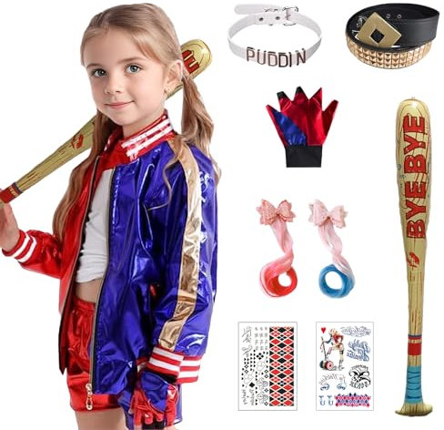 Angenster Quinn Costume Set, Costume di Halloween Harley Costume con Giacca T-Shirt Pantaloncini Guanti Parrucca Cintura Calze a Rete Palloncino Tatuaggio, Joker Costume per Carnevale (Bambina, 120)