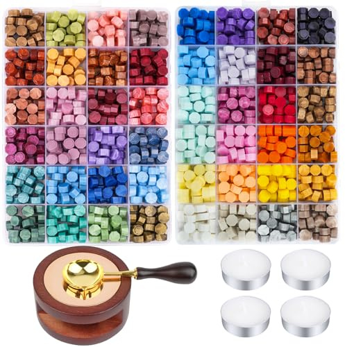 Aottom Wax Seal Kit, 48 Colors 1248 Pcs Sealing Beads with Melting Pot, Spoon, Tea Light Candles, Wax Seal Stamp Kit for Wedding Invitation, Gifts, Envelope, Letter Stamp Sealing and DIY Craft