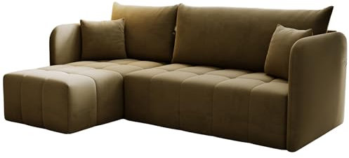 KP-Meble - Ecksofa mit Schlaffunktion Santo, Schlafsofa mit Bettkasten Couch, Wohnlandschaft, Bequemer Sitz - Velourstoff mit dekorativer Steppung - Links - Monolith 09 (Hellbraun)