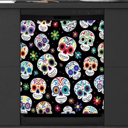 Mexpekil Bunter Mexiko-Zuckerschädel Geschirrspüler-Magnetabdeckung, 53,3 x 66 cm, dekorativ, wasserdicht, Geschirrspüler, magnetischer Aufkleber für Küchengeräte