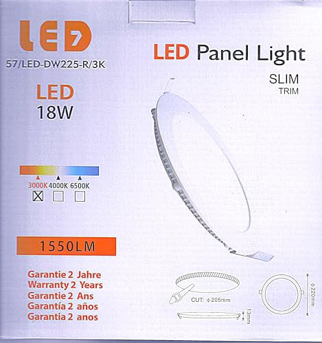 Genérico Panel Downlight LED Redondo18 W (Eq. 140 W) | 22 cm. | 1.550 LM 3000K (Luz Cálida) | Extraplano de Aluminio | Empotrar Techo | Vida útil 30.000 h y Más de 15.000 Encendidos | Driver Incluido