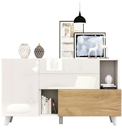 HAINEW Moderner Sideboard Kommode mit 2 Türen und 2 Schubladen, Buffetschrank Aufbewahrungsschrank mit Offenes Ablagefach für Küchen, Wohnzimmer, Schlafzimmer, 130×40×70cm