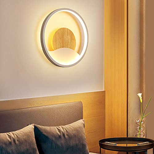 AoLa 12W LED Wandleuchte Holz, Rund Wandlampe Innen 3 Farbtemperatur 3000K/4000K/6000K Modern Wand Nachttischlampe Ring Deko Lampe mit Acryl Lampenschirm für Schlafzimmer Wohnzimmer Flur Treppe