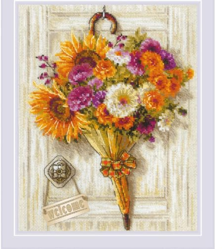 RIOLIS 2276 Herbstschirm Zählmuster-Kreuzstich-Set 24.1 x 29.8 cm | Blumen Motiv, 14 ct flachsfarben Zweigart Aida, 24 Wolle/Acryl Farben, Mittelstufe, Stickvorlage & Nadel inklusive