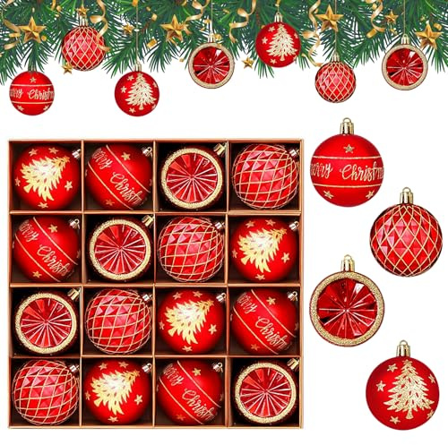PQETBV 16 Stück Weihnachtskugel Set, 6cm Christbaumschmuck Baumkugeln, Weihnachtskugeln Plastik mit Aufhängen, für Christbaumschmuck, Hochzeit, Party, Geburtstag, Weihnachtsdeko (Rot & Gold)