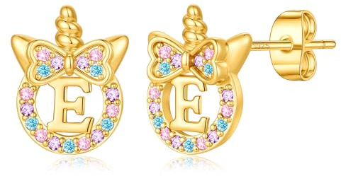 TINGN Einhorn Ohrringe für Mädchen Geschenke - Hypoallergene Silber 925 Bunte Regenbogen Zirkonia Ohrstecker mit Buchstaben Gold Ohrringe Kinder Schmuck Einhorn Geschenk für Mädchen 5-12 Jahre