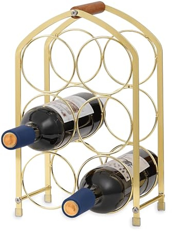 Botellero Vino Dorado y Madera, Soporte para Botellas de Vino 6 Unidades, Estantería Vino Metálica Mesa, Wine Rack Moderno para Decoración Bar y Cocina