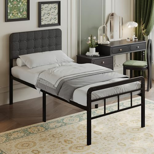EMODA Bettgestell 80 x 190 cm mit Gepolsterterm Kopfteil und Metallfußteil | 36 cm Hohes Metallbett, Strapazierfähigen Stahl-Lattenrost, Geräuscharm, Stauraum unter dem Bett, Einfache Montage, Grau