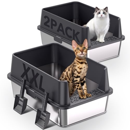 2 Pack XXL Stainless Steel Cat Litter Tray 37L Stainless Steel Cat Litter Box High Sided, Prevents Urine Splashes, Non-Stick & Easy to Clean, Odorless for Large Cats & Multiple Cats Includes Scoop