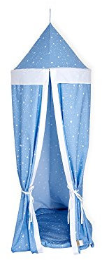 KraftKids Hänge-Zelt in abgerundete Dreiecke weiß auf Blau, Baldachin aus Baumwolle für das Kinderzimmer, 65 x 210 cm, inkl. Schlafmatte