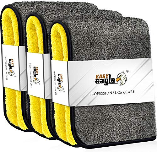EASY EAGLE Panni Lucidatura in Microfibra 1200GSM, per Auto Moto e Lucidatrice Automobili, 38x44 CM, Giallo e Grigio con Bordo Nero, Confezione da 3