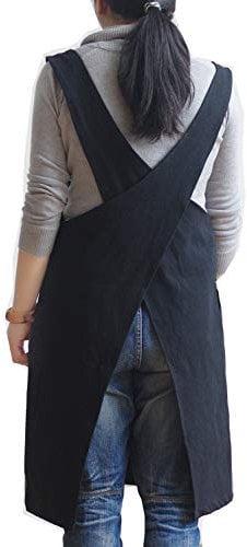 Schürze aus weichem Baumwollleinen, einfarbig, überkreuzte Träger im Rücken, japanischen Stil in X-Form, für Küche, Kochen, Koch, Geschenk für Hausfrauen, zur Einweihungsparty Schwarz