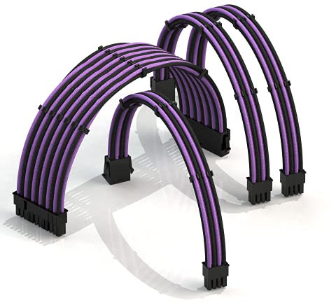 LINKUP - AVA 30cm PSU Cable Extension Sleeved Custom Mod GPU PC Braided w/Comb Kit | 1 x 24 P (20+4) | 1 x 8 P (4+4) CPU | 2 x 8 P (6+2) GPU set | 300mm - PurpleBlack