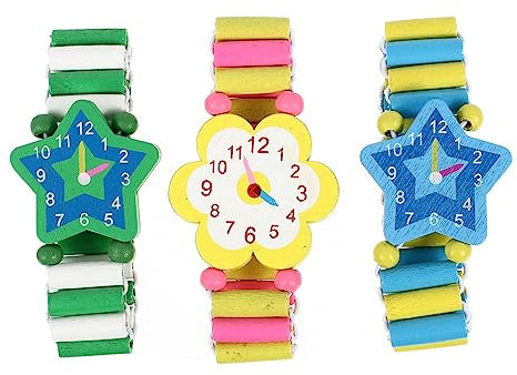 Hemobllo 3 Stück Holz Armbanduhren Spielzeug, Niedliche Cartoon Hölzerne Uhren Spielzeug Elastische Armband Simulation Armbanduhren Kinder Spielzeug (Zufälliger Stil)