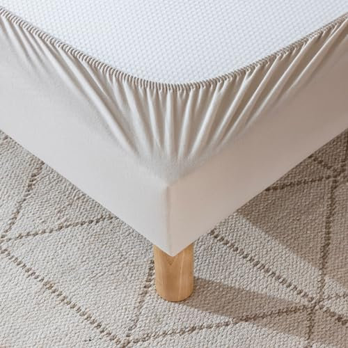 Cache-sommier 160x200 Beige – 100% Coton Jersey Extensible – Doux, Résistant, Facile à Installer – Oeko-TEX – pour sommier de 15 à 30 cm