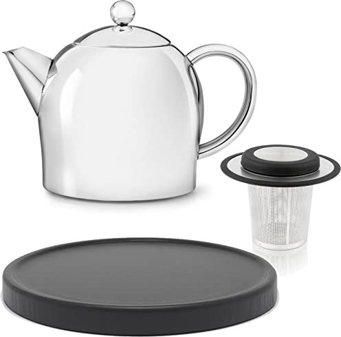 kleine glänzende doppelwandige Edelstahl Teekanne 0.5 Liter & schwarzer Untersetzer aus Holz & Edelstahl Tee-Filter-Sieb-Aufsatz für losen Tee oder Teebeutel