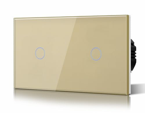 BSEED Doppelt Touch Lichtschalter 1-Fach 1-Wege Glasscheibe Wandlichtschalter Kein Neutralleiter, KEIN-WIFI,Gehärtete Kristallplatte Schalter mit LED Hintergrundbeleuchtung, Eingebettet Gold