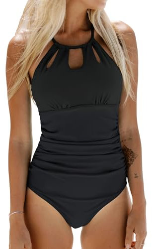 CUPSHE Damen Badeanzug High Neck Bademode Raffung Bauchweg Cut Out Einteilige Strandmode Swimsuit Schwarz XXL