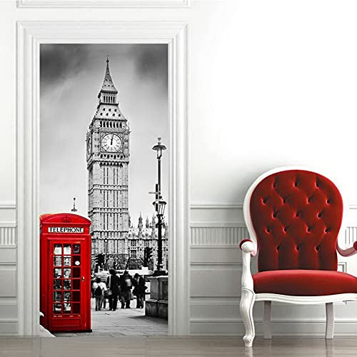 A.Monamour Türtapete Selbstklebend Türfolie Türposter 3D Rote Telefonzelle Und Big Ben In Der Londoner Straße Schwarz Und Weiß Vinyl Folie Türdeko Tapete Wandbild Türaufkleber Türtattoo 77 x 200 cm