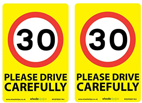 Wheelie Klips Drive Carefully Wheelie Bin Stickers (Set of 2) (30mph Please Drive Carefully A4 Vinyl Stickers), Yellow Background, 300 x 200mm
