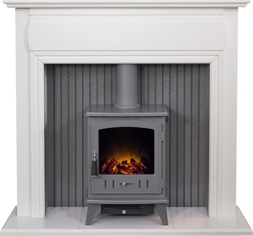 Adam Florence Stove Fireplace in Pure White with Aviemore Electric Stove in Grey Enamel, 48 Inch